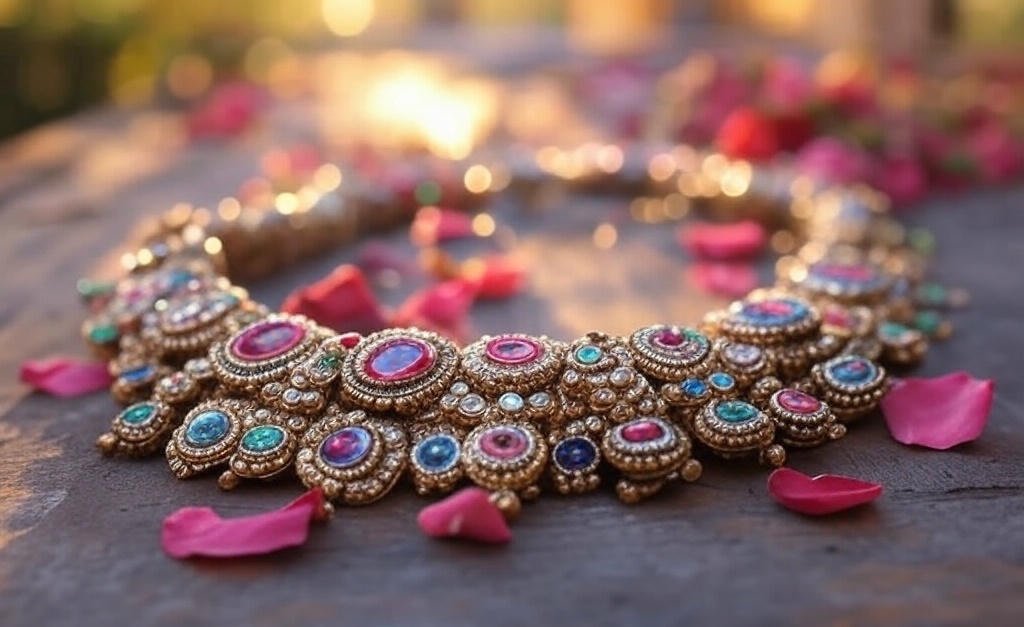 Buddhist jewel garland on wood (1)